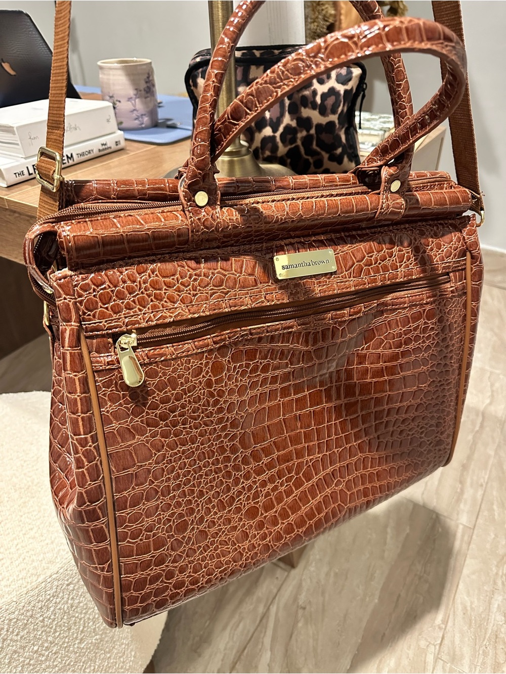 Brown Croc-Embossed Satchel Bag